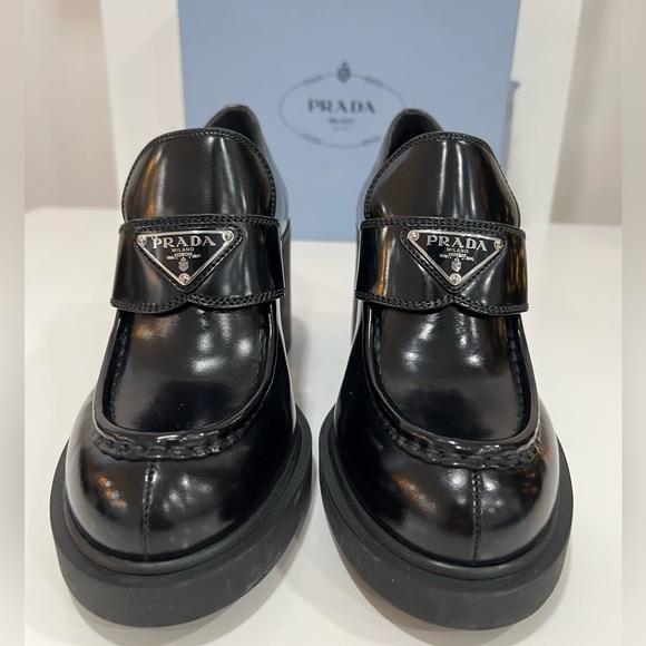 PRADA Chocolate 85mm high-heeled brushed leather loafers - Picture 5 of 13